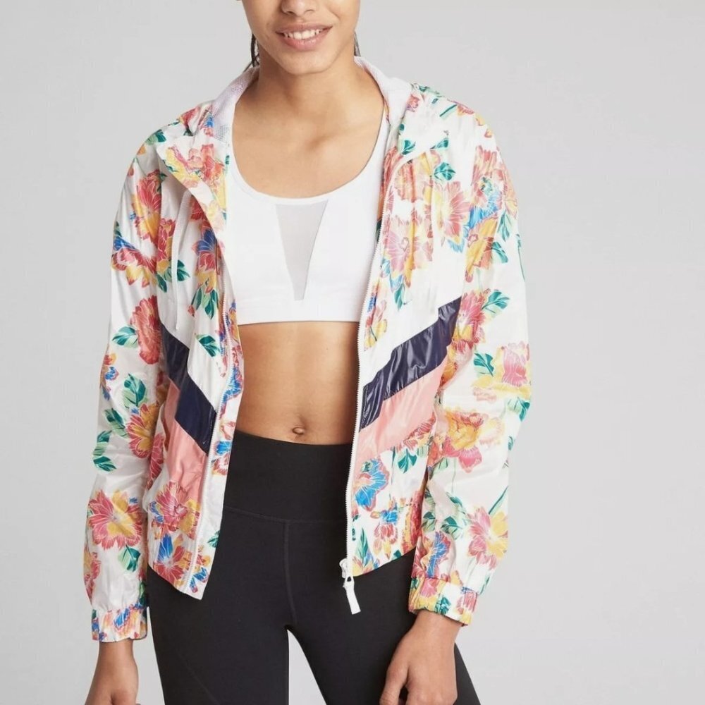 GapFit Floral Windbreaker Zip Jacket L Retro Stripe Lightweight Hood Ivory Coral
